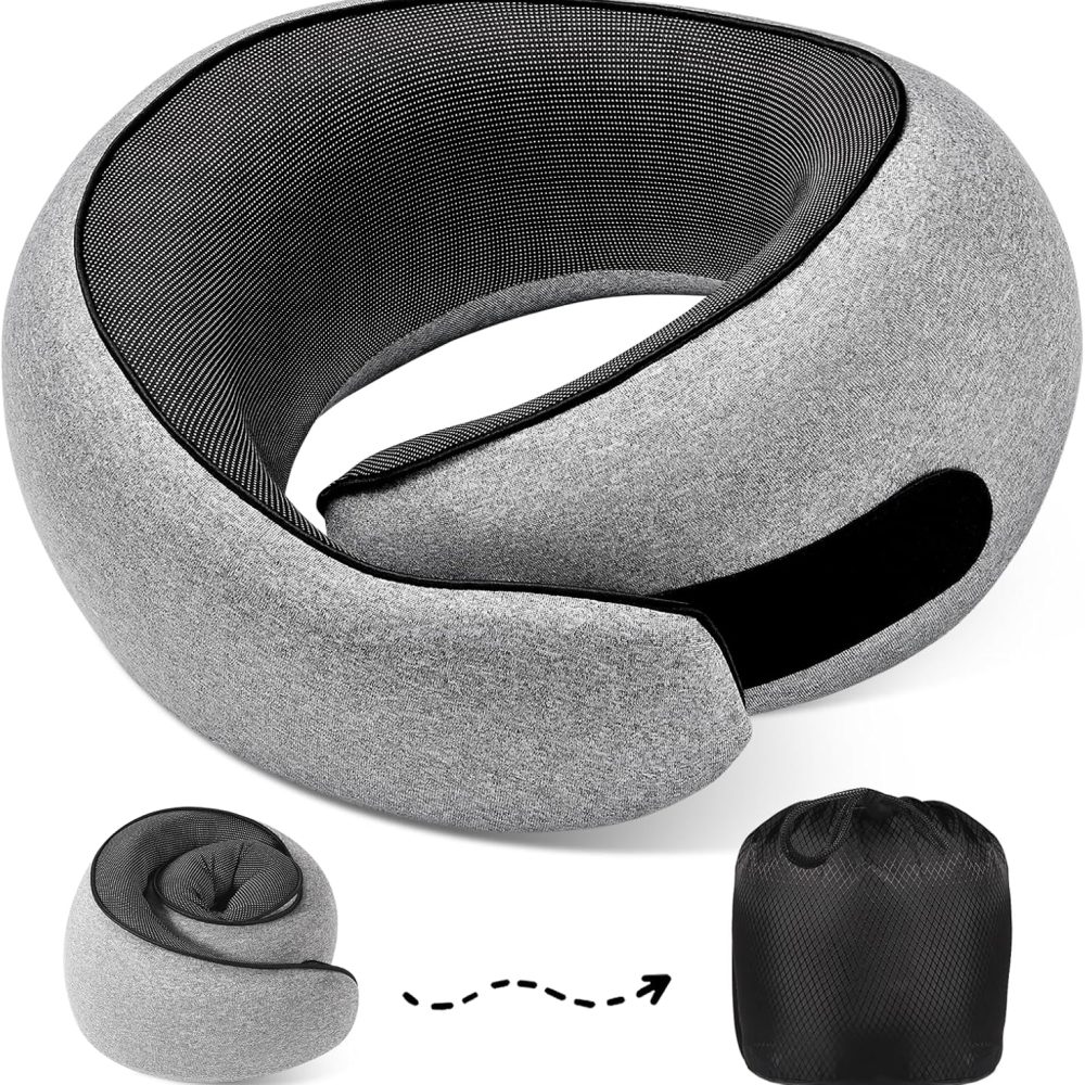 Travel Neck Pillows, 100% Memory Foam Filling, Travel Pillows for Airplanes, Compact and Ergonomic Design, Best for Sleeping Plane Train Travel Essentials (Light Grey)